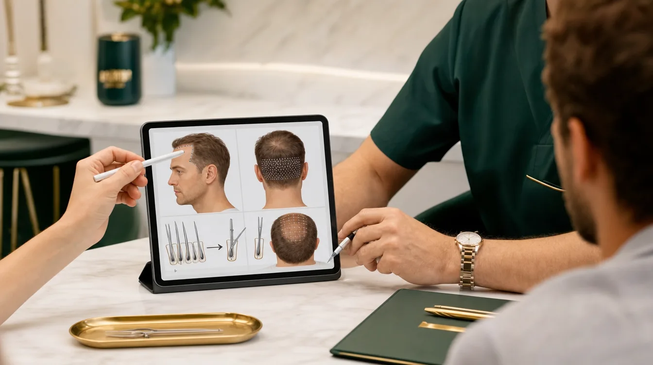 follicular unit extraction planning shown on a clinic tablet