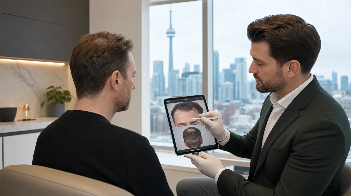 Toronto FUE consultation with hairline planning on a tablet