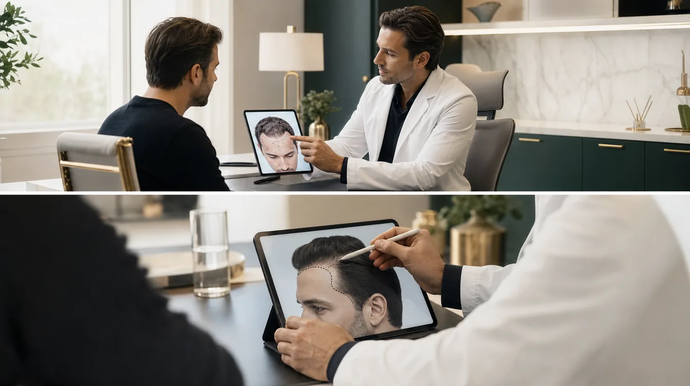 FUE hair restoration consultation with hairline planning on a tablet
